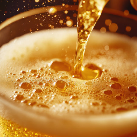 Golden beer being poured into a glass with foam and bubbles, macro view, dynamic lighting, warm background, refreshing drink conceptの素材