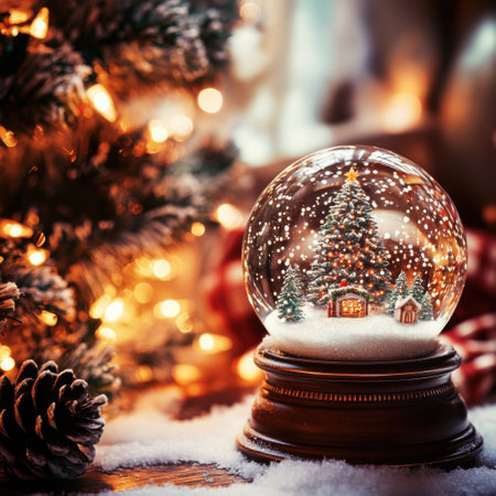 Snow globe with a Christmas tree, glowing lights, and snowflakes, set on a wooden base with a cozy holiday atmosphereの素材