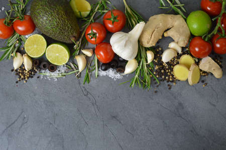 Garlic, tomato, red chilli pepper on tableの写真素材