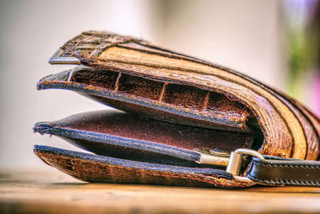 Very good costly leather handbag in the tableの写真素材