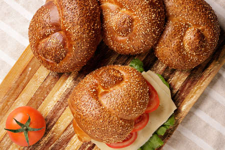 Fresh tasty baked bread in the breakfast meal