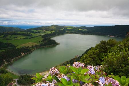 A typical lake on the island of Azores in Portugalの写真素材