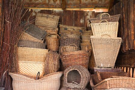 Many old wooden wicker baskets の写真素材