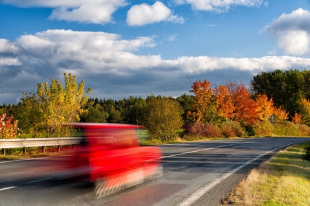 On the road in autumn Krkonose mountains in Czech Republicの写真素材