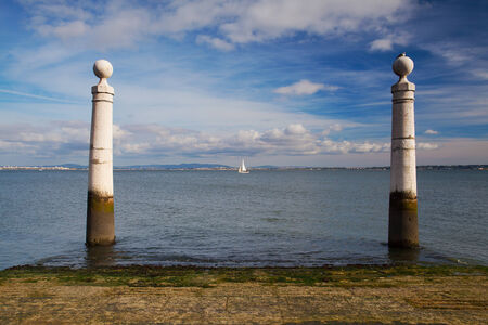 Famous Columns Wharf (Cais das Colunas) at Commerce Square, Lisbon, Portugal