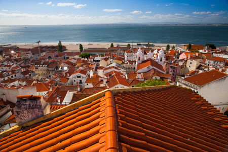 View from the tower on the Tejo river in Lisbon,Portugalの写真素材