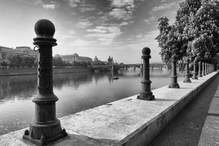 View of the Old Town in Prague from Vltava river bankの写真素材