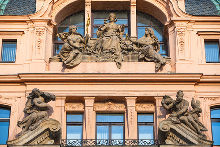 Prague,Czech Republic-August 20,2014: Renovated luxury historic house on Wenceslas Square in the city center.のeditorial素材
