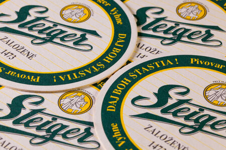 Bratislava,Slovakia-May 5,2013:Beermats from Steiger beer. Slovakiaâs oldest brewery was built in 1473 by the Knights Templar in the Banska Bystrica regionのeditorial素材