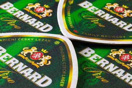 Prague,Czech Republic-December 3,2014:Beermats from Bernard beer.Bernard Brewery is a Czech family brewery, founded in 1597.のeditorial素材