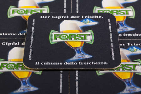 GERMANY,STRASBOURG - November 9, 2014: Beermats from Fprst beer.Forst is an Italian brewing company, based in Forst, a frazione (municipal subdivision) of Algund, South Tyrolのeditorial素材