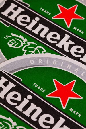 Brno, Czech Republic-Brno,Czech Republic-August 1,2014:Berrmats from Heineken Lager Beer , it was...