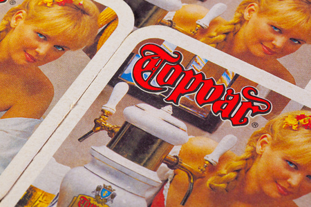 Bratislava,Slovakia-May 5,2013:Beermats from Topvar beer.Saris  Brewery is the largest brewery in Slovakia, located in Velky Saris. The brewery has been part of global brewing giant SABMiller.のeditorial素材