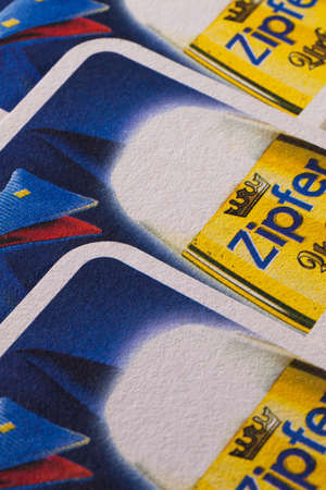 GERMANY,DRESDEN - September 20,2014: Beermats from Zipfer beer.It is a new brewery by German and Austrian standards, begun in 1858.のeditorial素材