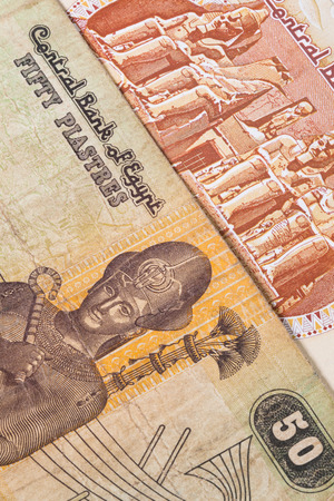 Different Egyptian  banknotes on the tableの写真素材