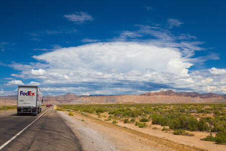 Utah,USA - July 18,2013: Typical americal highway in desert in Utah.Three numbered highway systems are present in the U.S. state of Utah: the Interstate Highway System, the United States Numbered Highways system and the state route system.のeditorial素材