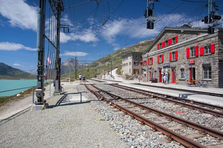 Ospizio Bernina, Switzerland - July 14, 2015:On the railway station in Alpine landscape, Ospizio Bernina, Switzerlandのeditorial素材