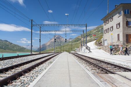 Ospizio Bernina, Switzerland - July 14, 2015:On the railway station in Alpine landscape, Ospizio Bernina, Switzerlandのeditorial素材
