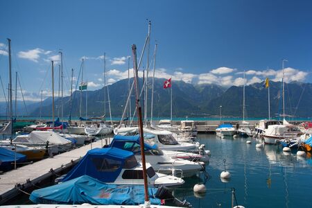 Vevey, Switzerland - July 8, 2015: Port in Vevey at Geneva lake in Switzerland.のeditorial素材