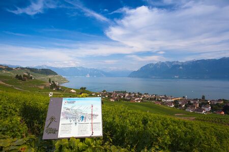 Lavaux, Switzerland - July 12,2015: Vineyards of the Lavaux region over lake Leman (lake of Geneva),Switzerlandのeditorial素材