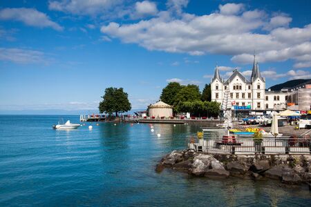 Vevey, Switzerland - July 8, 2015: Port in Vevey at Geneva lake in Switzerland.のeditorial素材