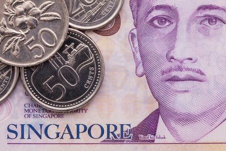 Detail of Singapore banknotes and coins, close-upの写真素材