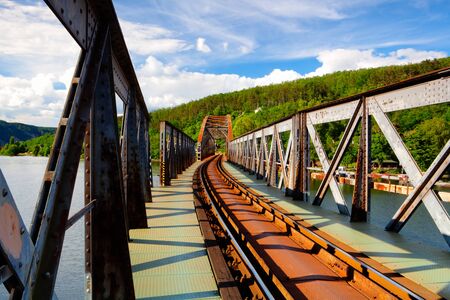 Single track railway bridge over the Vltava river, Czech Republic - HDR Imageの写真素材