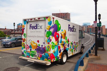 BOSTON,MASSACHUSETTS,USA - JULY 15,2016: FedEx Special Delivery truck on the street in Boston. FedEx...