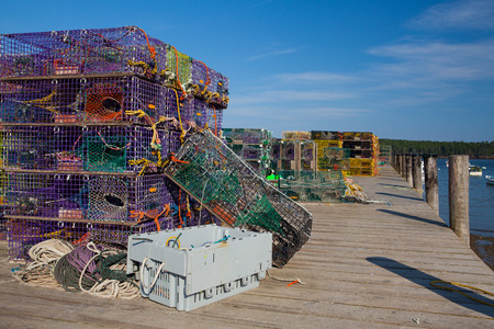 Crab farm and crab cages on Saint George Peninsula, Maine, USAの写真素材