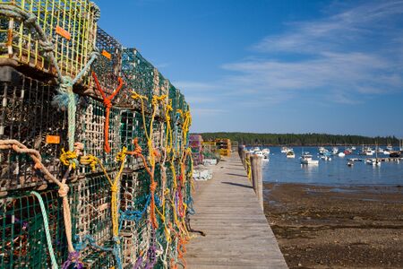 Crab farm and crab cages on Saint George Peninsula, Maine, USAの写真素材