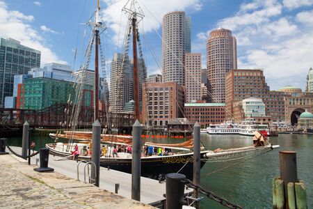 Boston,Massachusetts,USA - JULY 15,2016 : The Roseway schooner in Boston harbor. It is a wooden gaff-rigged schooner launched on 24 November 1925 in Essex, Massachusetts. Now restored it is listed as a National Historic Landmark.のeditorial素材