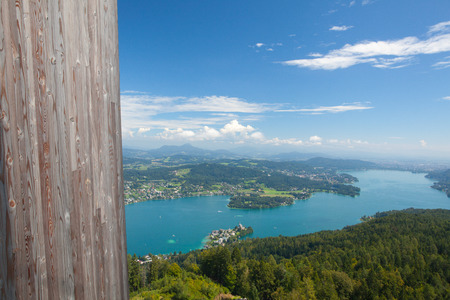 View from observation tower Pyramidenkogel To Lake Woerth,Carinthia,Austriaの写真素材