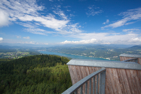 View from observation tower Pyramidenkogel To Lake Woerth,Carinthia,Austriaの写真素材
