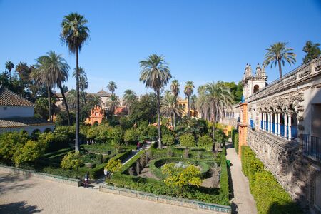 Seville, Spain - November 18,2016: Real Alcazar Gardens in Seville.The Alcazar of Seville is a royal palace in Seville, Spain, originally developed by Moorish Muslim kings.のeditorial素材