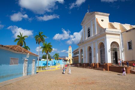 Trinidad, Cuba - January 29,2017: Plaza Mayor - Principal square of Trinidad. Above the plaza to the north -east stands the Church of the Holy Trinity. One of UNESCOs World Heritage sites since 1988. Sancti Spiritus Province, Cuba.のeditorial素材