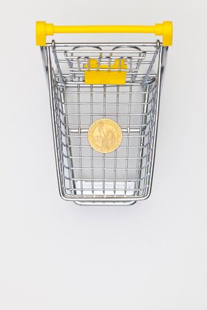 Shopping trolley and one dollar coin.Flat lay photography.の写真素材
