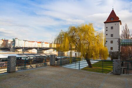 Prague,Czech Republic - March 3,2017: View on the Prague panorama with Jirasek bridge after rain.The Prague bridges arching over the Vltava River are not only vital connecting links, but also valuable works of architecture .のeditorial素材