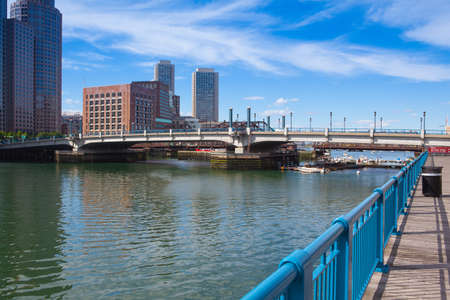 Boston, Massachsetts, USA - July 2, 2016:  Boston skyline and Seaport boulevard bridge.のeditorial素材