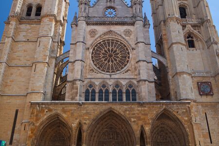 Santa María de Leon Cathedral in sunny day. It is also called The House of Light and is situated in the city of Leon in north western Spainの写真素材