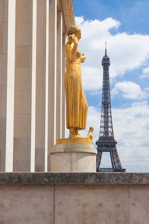 Eiffel tower and statues of Trocadero garden, Paris, France,の写真素材