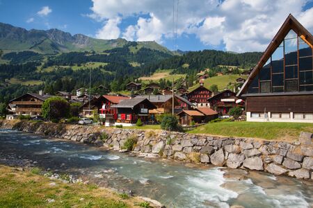 Les Diablerets, Switzerland - July 11,2015: Amazing wooden building in Les Diablerets, Switzerland.Les Diablerets, an important centre for adventure sports.のeditorial素材