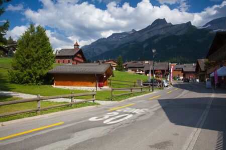 Les Diablerets, Switzerland - July 11,2015: Amazing wooden building in Les Diablerets, Switzerland.Les Diablerets, an important centre for adventure sports.のeditorial素材