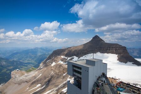 Vaud,Switzerland - July 11,2015: Peak Walk bridge.Peak Walk is a pedestrian suspension bridge linking two mountain peaks in the Swiss Alpsのeditorial素材