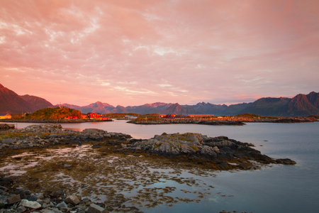 Laukvik  city at sunset, Lofoten islands, Nordland, Norwayの写真素材
