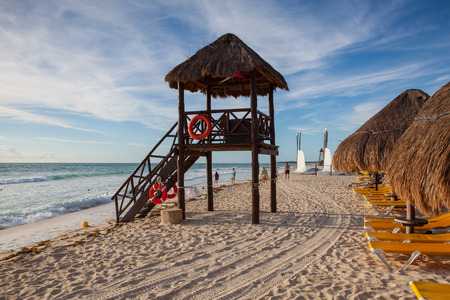 Playa Paraiso, Mexico - February 4, 2018: On  the Play Paraiso at Caribbean Sea of Mexico. This resort area is popular destination with the most beautiful beaches.のeditorial素材