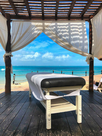 On a beach in Cancun.Cancun, a Mexican city on the Yucatan Peninsula bordering the Caribbean Sea, is known for its beaches, numerous resorts and nightlife.の写真素材