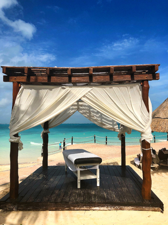 On a beach in Cancun.Cancun, a Mexican city on the Yucatan Peninsula bordering the Caribbean Sea, is known for its beaches, numerous resorts and nightlife.の写真素材