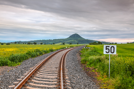 Railway track  in Central Bohemian Highlands, Czech Republic. Central Bohemian Uplands  is a mountain range located in northern Bohemia. The range is about 80 km longの写真素材