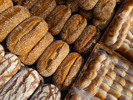 Different kinds of bakery product on the market in Utrecht, Netherlandsの写真素材