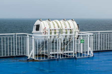Inflatable survival liferaft on North Sea ferryの写真素材